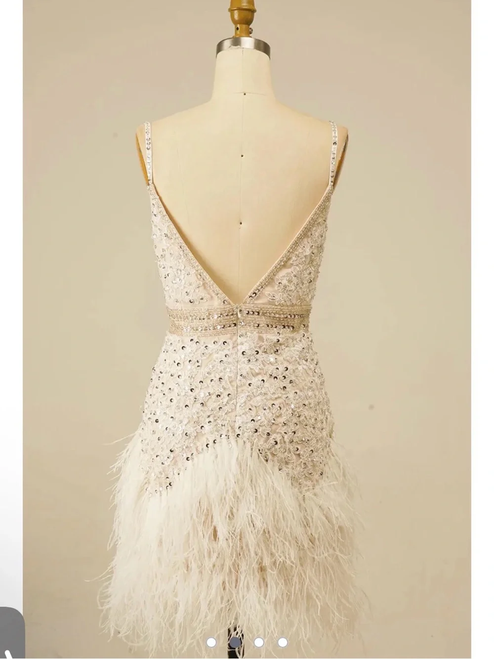 Custom Ivory Embellished Lace & Feather Mini Dress - Picture 2 of 11